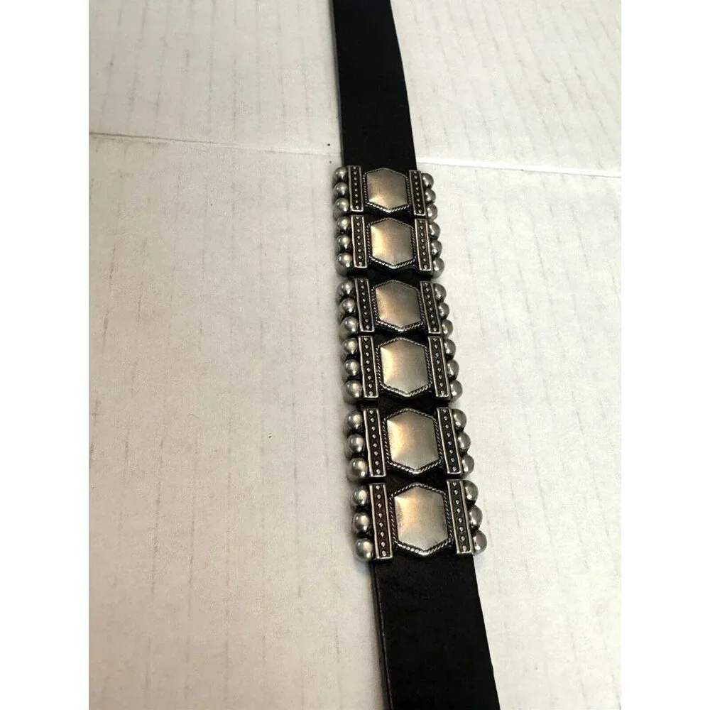 Albatros Black Leather Belt Italy Silver Buckle Art Nouveau deco Sz L
